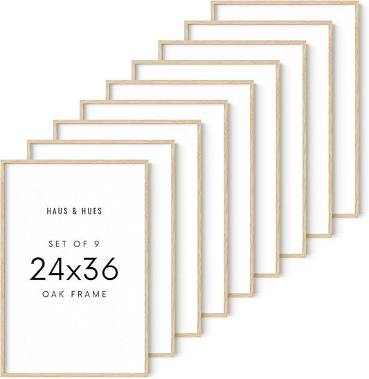 HAUS AND HUES Beige Oak Wood 24x36 Picture Frames - Modern Wood Wall Art Display - Lightweight 24x36 Frames for Art Prints, Photos, Posters - Ready-to-Hang Vertically & Horizontally (Set of 9)