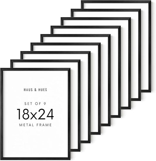 HAUS AND HUES 18x24 Black Metal Picture Frames - Features Premium Aluminum & Hanging Hardware, Shatterproof Plexiglass - Perfect for Home, Room, Office (18x24 in, Black, Set of 9)