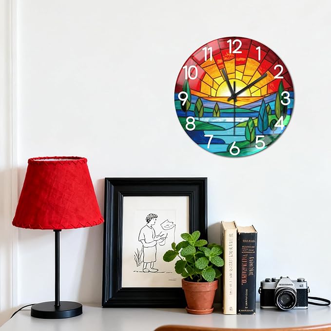 peacoblue Wall Clocks Battery Operated 12 Inch Bohemian Sunset Glass Round Wall Clock Non Ticking for Kitchen Living Room Dining Room Bedroom and Bathroom Decor Accessories (Battery not Included)