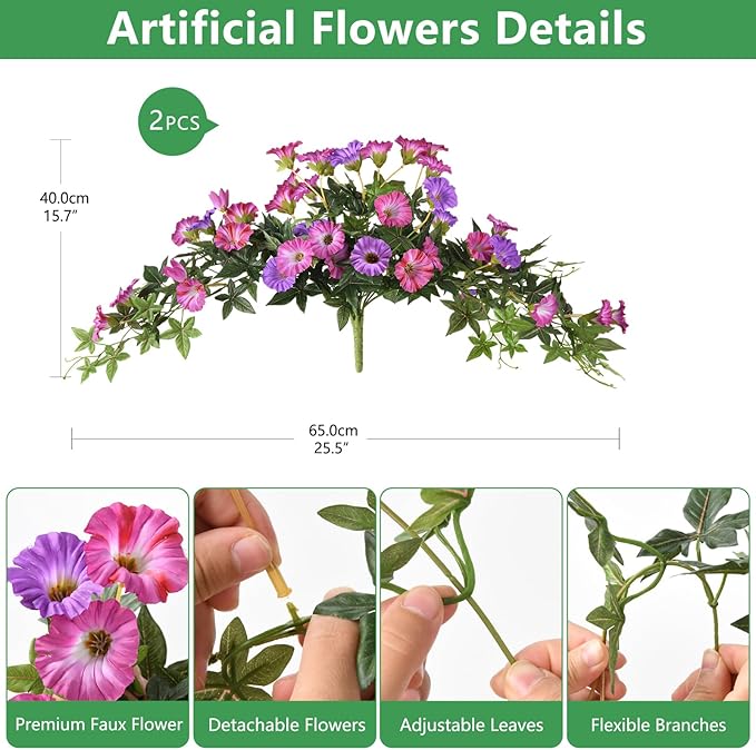 Artificial Fake Flowers Plants for Outdoors Spring Decoration, 2Pcs Faux Petunias with Greenery UV Resistant No Fade, Realistic Silk Flower for Outside Patio Planters Porch Window(Purple Fuchsia)