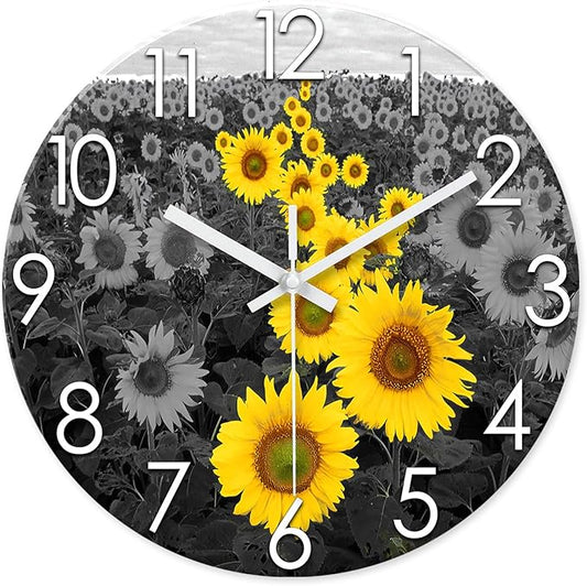 XFM Wall Clock Battery Operated 14 Inch Silent Non-Ticking Sunflower Wall Clock Yellow Decorative Glass Clocks for Kitchen Bedroom Living Room Decor