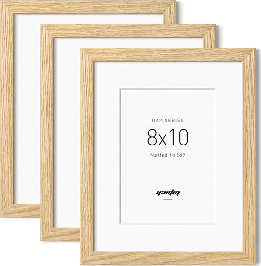 Yaetm 8x10 Oak Wood Picture Frame with Mat for 5x7 Set of 3, Natural Solid Wood 8x10 Frame with Tempered Glass for Tabletop & Wall mount (3 Pack, Oak)