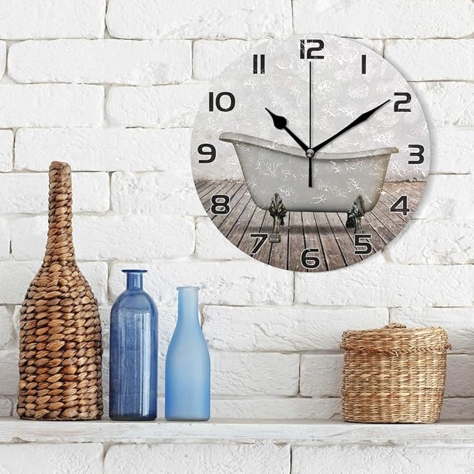 Qilmy Vintage Bathtub Wall Clock Silent Non Ticking Oil Painting Round Clock for Living Room Bedroom Bathroom Home Decor