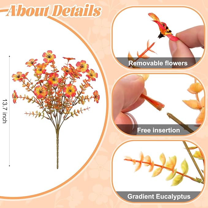 Ammyoo Fall Mums Artificial Flowers for Outdoors Potted, Fake Fall Daisy Flower with Realistic Eucalyptus Leaves, Fake Plants for Greenery Boxwood Porch Patio Garden Pot Courtyard Lawn, 12 Bundles