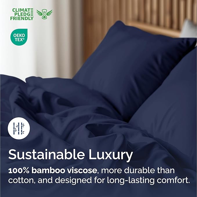 100% Rayon Derived From Bamboo - Bamboo Sheets Full Size - Cooling Sheets for Full - Soft, Breathable & Hotel Luxury Bedding - 1 Flat & 1 Fitted & 2 Pillowcases with 16 Inch Deep Pockets - Navy Blue