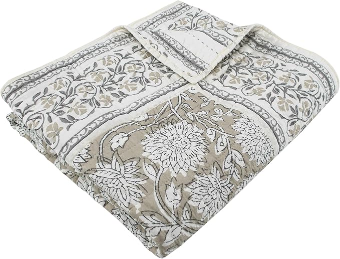 Levtex Home - Adare Taupe - Throw - Bordered Floral - Taupe, Grey and Cream -Quilted Throw (50x60in.) - Cotton