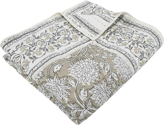 Levtex Home - Adare Taupe - Throw - Bordered Floral - Taupe, Grey and Cream -Quilted Throw (50x60in.) - Cotton