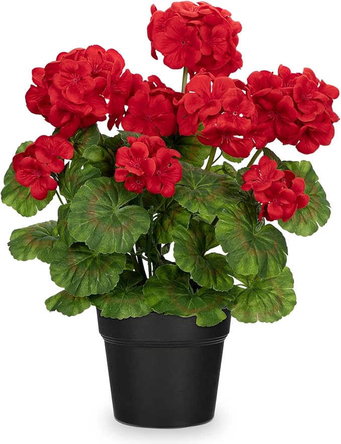 Briful Artificial Geranium Potted Plant – 16” Tall, Realistic Silk Flowers with Vibrant Green Leaves, Red Geraniums Fake Flowers for Outdoors Valentine's Day Home Décor, Farmhouse Office Tables Decor