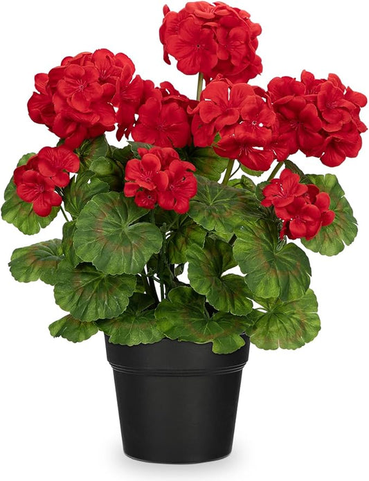 Briful Artificial Geranium Potted Plant – 16” Tall, Realistic Silk Flowers with Vibrant Green Leaves, Red Geraniums Fake Flowers for Outdoors Valentine's Day Home Décor, Farmhouse Office Tables Decor