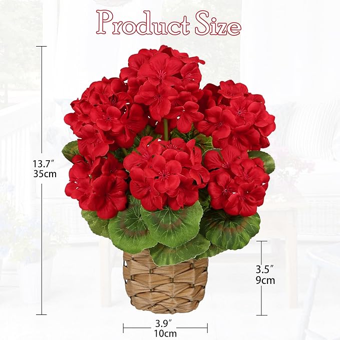 Briful Artificial Geraniums Flowers Potted Plant - 13.7'' Tall Faux Red Silk Realistic Lush Geraniums Flowers in Basket, Indoor&Outdoor Decorative Plant, Farmhouse Home Porch Office Patio Table