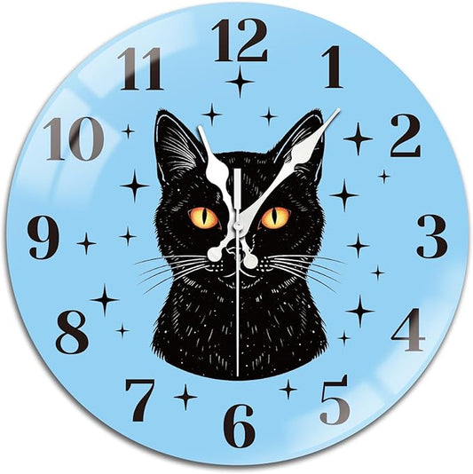 peacoblue Wall Clocks Battery Operated 12 Inch Cat Glass Round Wall Clock Non Ticking for Kitchen Living Room Dining Room Bedroom and Bathroom Decor Accessories (Battery not Included)
