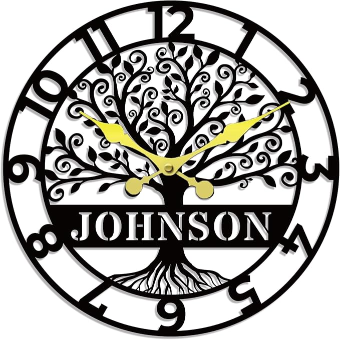 HZYCYYFC Personalized Metal Wall Clock with Tree of Life Design, Custom Family Name Clock, Decorative Steel Wall Art, Housewarming Gift, Living Room Bedroom Kitchen Home Decor