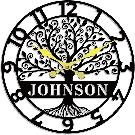 HZYCYYFC Personalized Metal Wall Clock with Tree of Life Design, Custom Family Name Clock, Decorative Steel Wall Art, Housewarming Gift, Living Room Bedroom Kitchen Home Decor