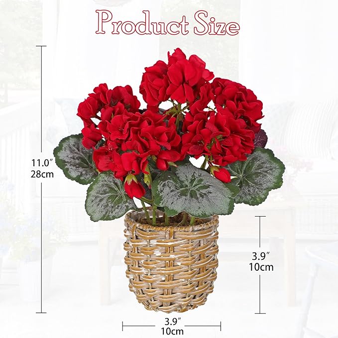 Briful Artificial Red Geranium Flowers in Woven Basket, 11’’ Tall Silk Flower Arrangement, Realistic Geraniums Artificial Outdoor Plants for Home Indoor Farmhouse Table Wedding Centerpiece Decor