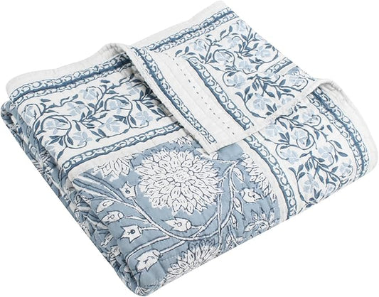 Levtex Home - Adare Blue - Throw - Bordered Floral - Blue, Navy and White - Quilted Throw (50x60in.) - Cotton