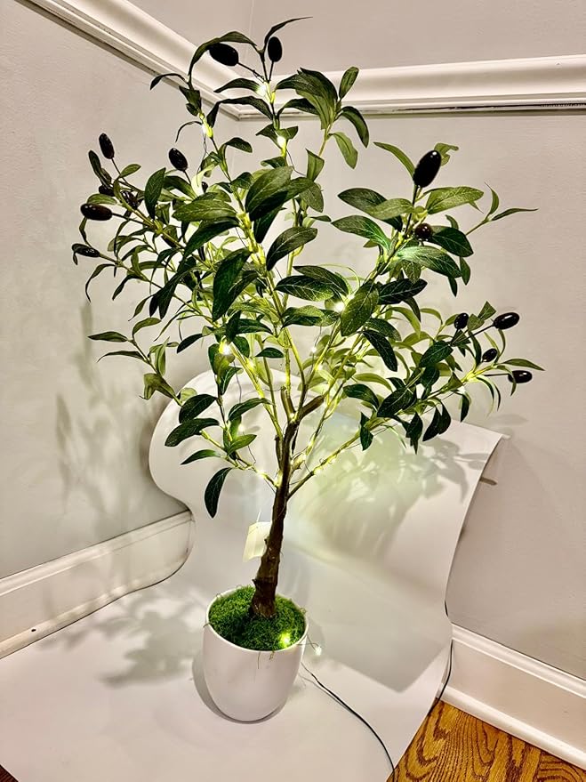 Olive Tree with Fruits & Free Pot and LED Lights - Realistic Faux Olive Tree for Home Decor, Indoor/Outdoor Use (Medium)