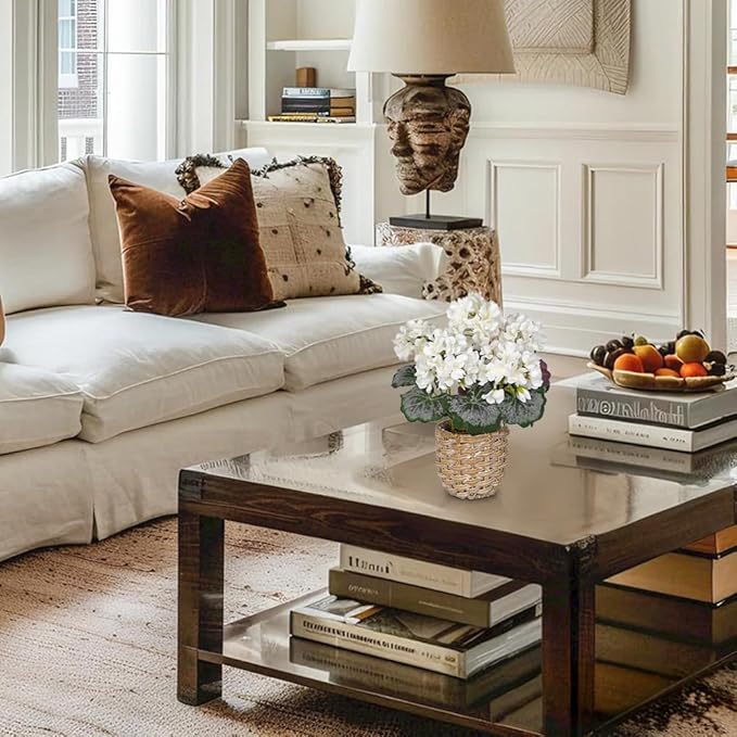 Briful Artificial White Geranium Flowers in Woven Basket, 11’’ Tall Silk Flower Arrangement, Realistic Geraniums Artificial Outdoor Plants for Home Indoor Farmhouse Table Wedding Centerpiece Decor