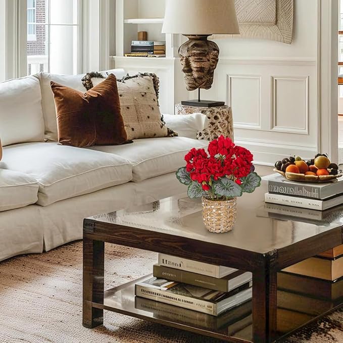 Briful Artificial Red Geranium Flowers in Woven Basket, 11’’ Tall Silk Flower Arrangement, Realistic Geraniums Artificial Outdoor Plants for Home Indoor Farmhouse Table Wedding Centerpiece Decor