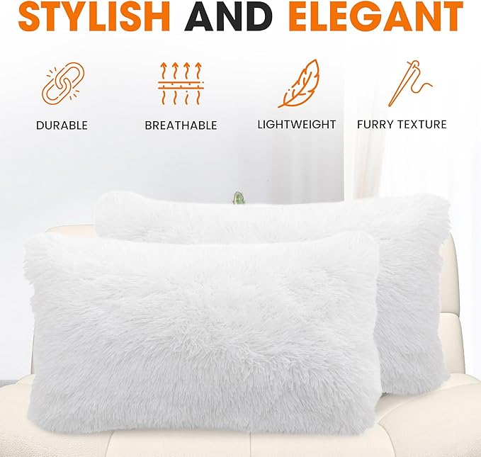 Cheer Collection Throw Pillows for Couch and Bed, Soft Shaggy Throw Pillows with Inserts Included, Cozy Long Hair Faux Fur Pillows - Set of 2-12" x 20" - White