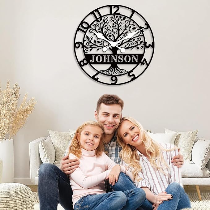 HZYCYYFC Personalized Metal Wall Clock with Tree of Life Design, Custom Family Name Clock, Decorative Steel Wall Art, Housewarming Gift, Living Room Bedroom Kitchen Home Decor