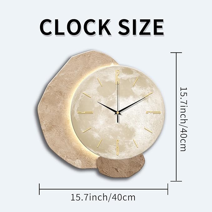 vrzpopi Silent Moon Wall Clock Non Ticking Battery Operated with Adjustable Night Light Operated by USB/Batteries for Living Room Bedroom Decor (Moon)