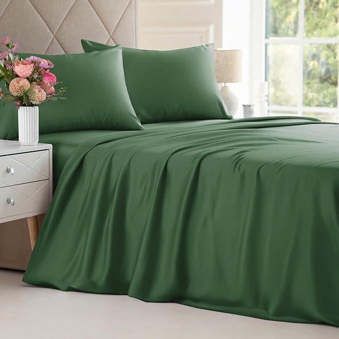 100% Rayon Derived From Bamboo - Bamboo Sheets Cal King Size - Cooling Sheets for Cal King - Ultra Soft Hotel Luxury Bedding - 1 Flat & 1 Fitted & 2 Pillowcases w/ 16 Inch Deep Pockets - Emerald Green