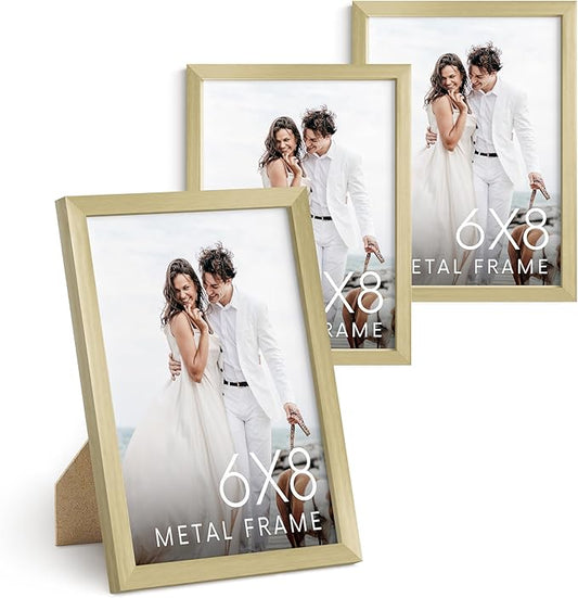 HAUS AND HUES 6x8 Gold Picture Frames - Modern Aluminum Wall Art Display - Lightweight 6x8 Frames for Photos, Prints, Posters - Tabletop or Wall Mount (Set of 3)