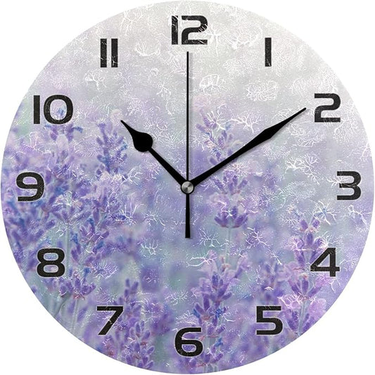 Qilmy Lavender Wall Clock Silent Non Ticking Oil Painting Round Wall Clock for Living Room Kitchen Bedroom Dining Room