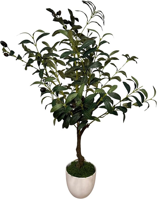 Olive Tree with Fruits & Free Pot and LED Lights - Realistic Faux Olive Tree for Home Decor, Indoor/Outdoor Use (Medium)