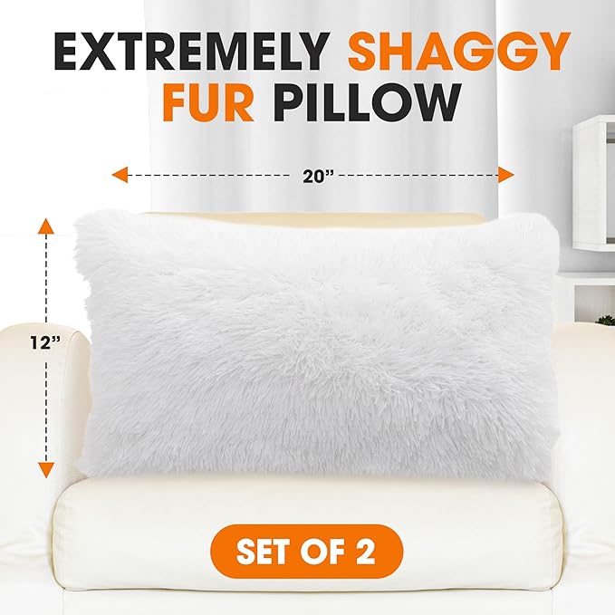 Cheer Collection Throw Pillows for Couch and Bed, Soft Shaggy Throw Pillows with Inserts Included, Cozy Long Hair Faux Fur Pillows - Set of 2-12" x 20" - White