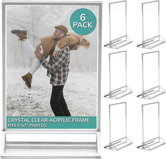 PBF 5x7 Acrylic Picture Frame Display Stand | Vertical Clear Sign Holder | Silver Photo Frame for Table, Tabletop Wedding, Menu, QR Code (6-Pack)