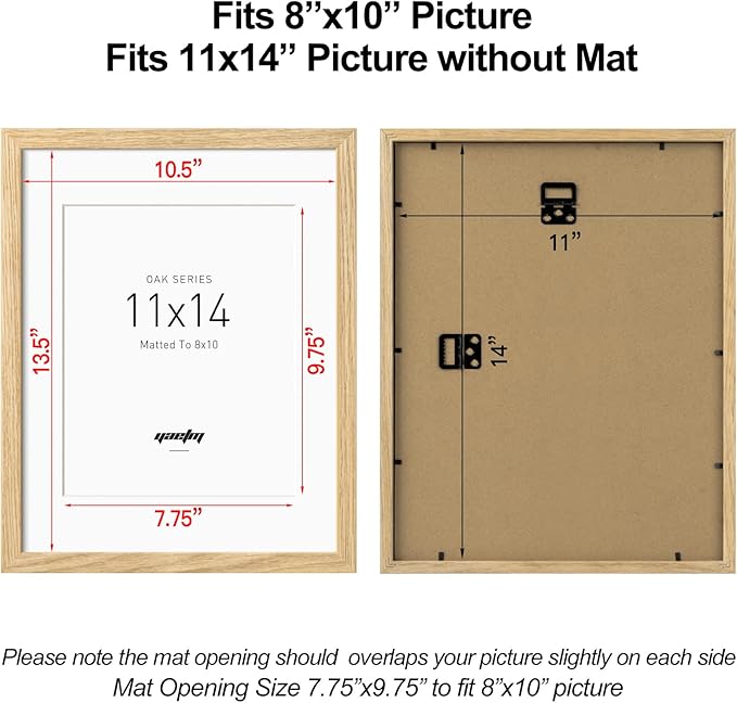 Yaetm 11x14 Oak Wood Picture Frame with Mat for 8x10, Natural Solid Wood 11x14 Frame with Tempered Glass for Wall Gallery & Home (Single, Oak)