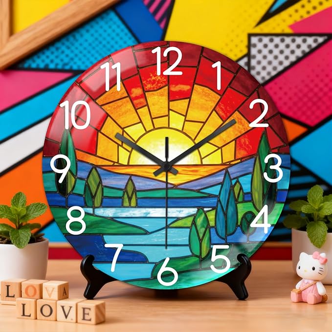 peacoblue Wall Clocks Battery Operated 12 Inch Bohemian Sunset Glass Round Wall Clock Non Ticking for Kitchen Living Room Dining Room Bedroom and Bathroom Decor Accessories (Battery not Included)