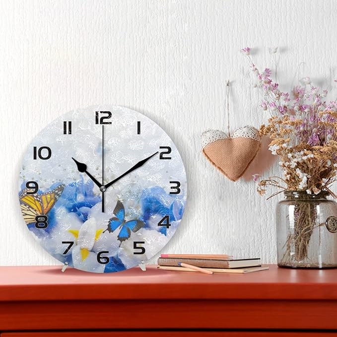 Qilmy Blue Butterfly Wall Clock Silent Non Ticking Oil Painting Round Wall Clock for Living Room Kitchen Bedroom Dining Room