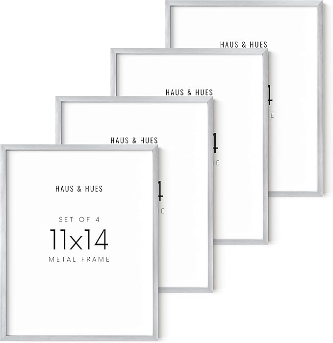HAUS AND HUES 11x14 Silver Picture Frames - Set of 4 Aluminum Wall Display Frames for Posters, Art Prints, and Certificates (11x14 in, Silver, Set of 4)