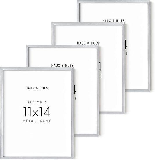 HAUS AND HUES 11x14 Silver Picture Frames - Set of 4 Aluminum Wall Display Frames for Posters, Art Prints, and Certificates (11x14 in, Silver, Set of 4)