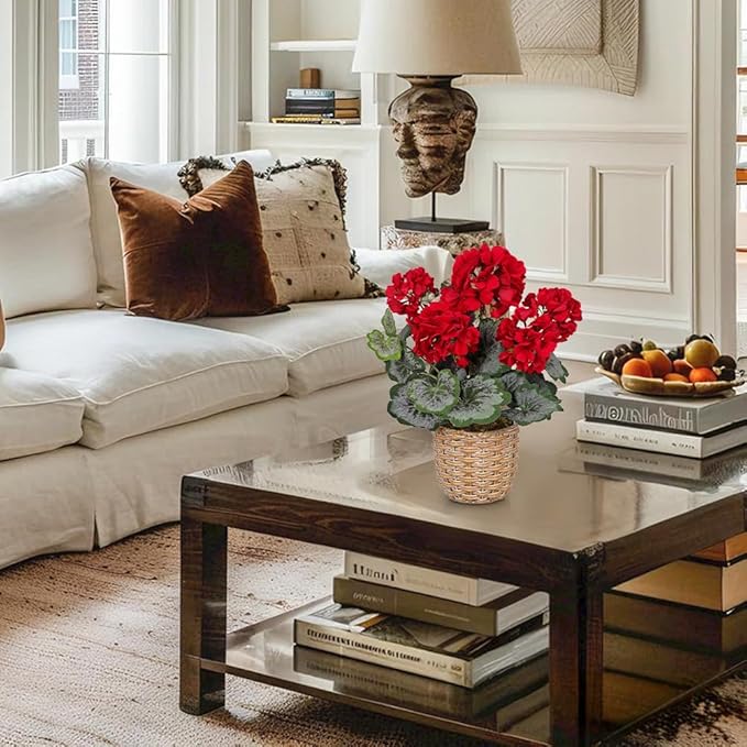 Briful Artificial Red Geranium Flowers in Woven Basket, 14.5’’ Tall Silk Flower Arrangement, Realistic Geraniums Artificial Outdoor Plants for Home Indoor Farmhouse Table Wedding Centerpiece Decor