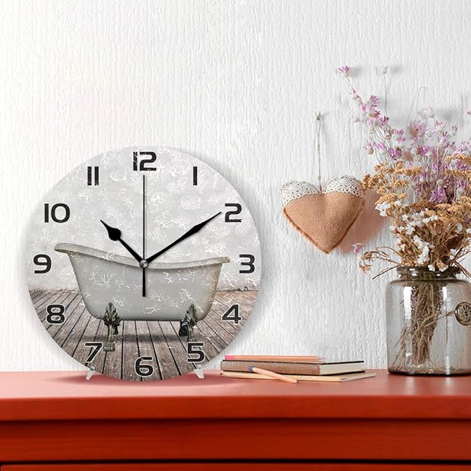 Qilmy Vintage Bathtub Wall Clock Silent Non Ticking Oil Painting Round Clock for Living Room Bedroom Bathroom Home Decor