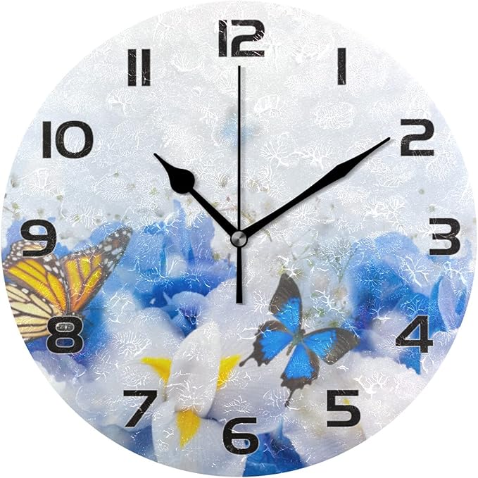 Qilmy Blue Butterfly Wall Clock Silent Non Ticking Oil Painting Round Wall Clock for Living Room Kitchen Bedroom Dining Room