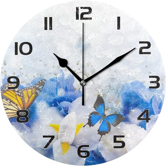 Qilmy Blue Butterfly Wall Clock Silent Non Ticking Oil Painting Round Wall Clock for Living Room Kitchen Bedroom Dining Room