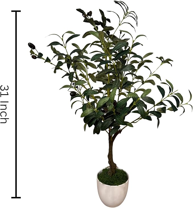 Olive Tree with Fruits & Free Pot and LED Lights - Realistic Faux Olive Tree for Home Decor, Indoor/Outdoor Use (Medium)