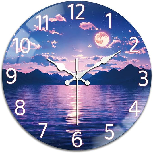peacoblue Wall Clocks Battery Operated 12 Inch Night Sky Glass Round Wall Clock Non Ticking for Kitchen Living Room Dining Room Bedroom and Bathroom Decor Accessories (Battery not Included)