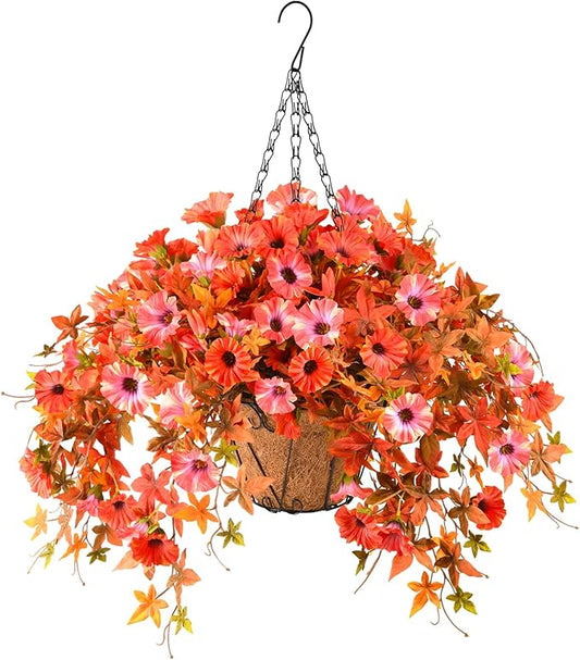 ZFProcess Artificial Flowers Hanging Basket Plants, Fake Petunias Fall Flower for Outdoor Decoration,Realistc Faux Silk Flower UV Resistant for Porch Patio Yard Garden Home Balcony (Double Orange)