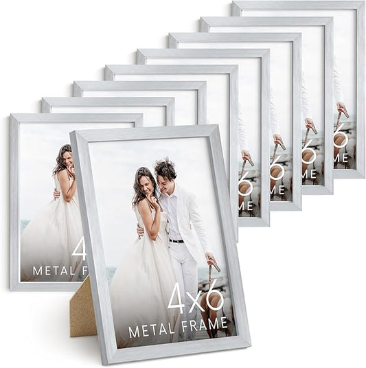 HAUS AND HUES 4x6 Silver Metal Picture Frames - Bulk Aluminum Photo Frames with Vertical Hanging & Tabletop Stand (4x6 in, Silver, Set of 9)
