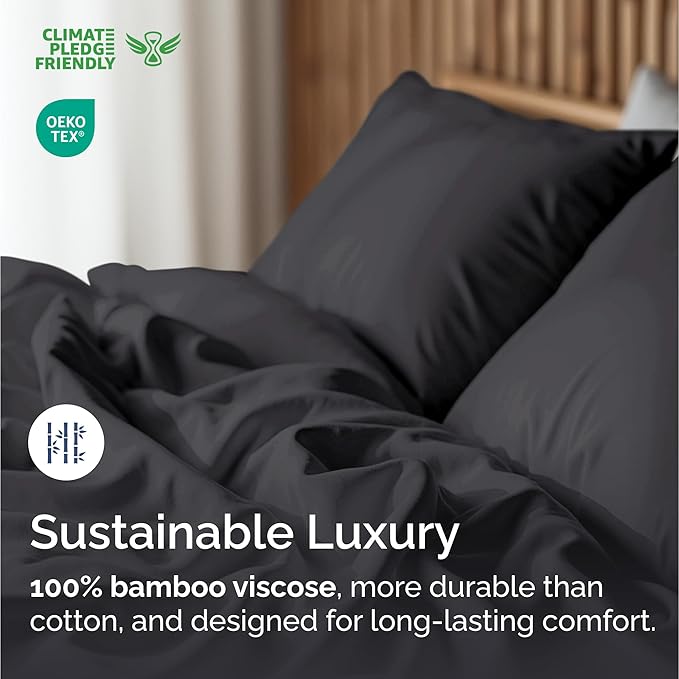 100% Rayon Derived From Bamboo - Bamboo Sheets Cal King Size - Cooling Sheets for Cal King - Soft, Breathable Hotel Luxury Bedding - 1 Flat & 1 Fitted & 2 Pillowcases w/ 16 Inch Deep Pockets - Black
