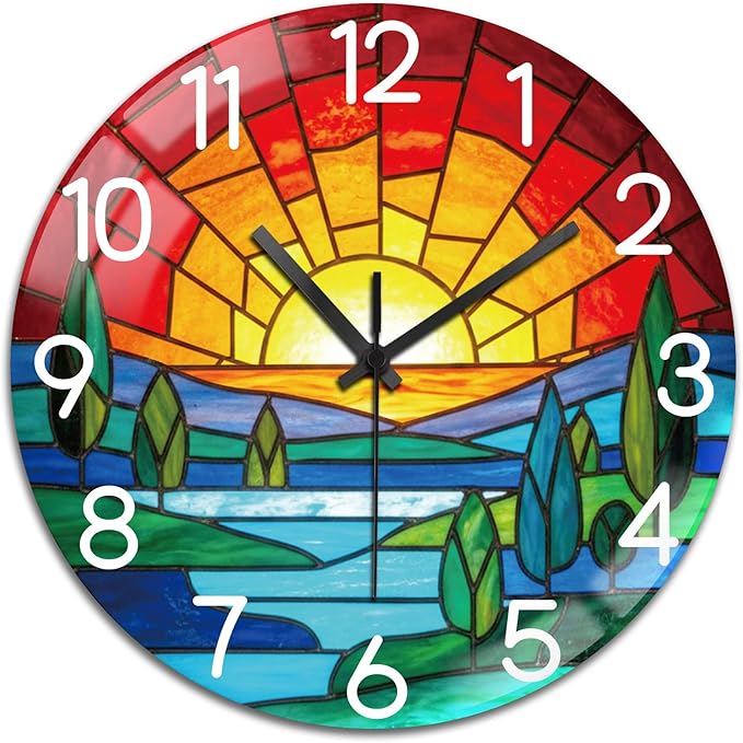 peacoblue Wall Clocks Battery Operated 12 Inch Bohemian Sunset Glass Round Wall Clock Non Ticking for Kitchen Living Room Dining Room Bedroom and Bathroom Decor Accessories (Battery not Included)