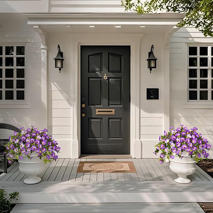 Artificial Fake Flowers Plants for Outdoors Spring Decoration, 2Pcs Faux Petunias with Greenery UV Resistant No Fade, Realistic Silk Flower for Outside Patio Planters Front Porch Window (Purple)