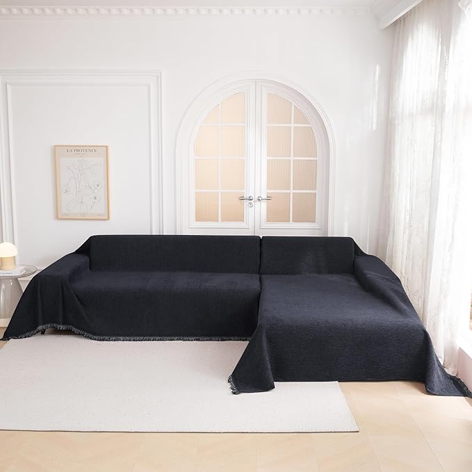 MYSKY HOME Couch Cover for Dogs, Washable Couch Covers, Non Slip Dogs Furniture Protector with Tassels, Chenille, Navy Blue, 71"x102"