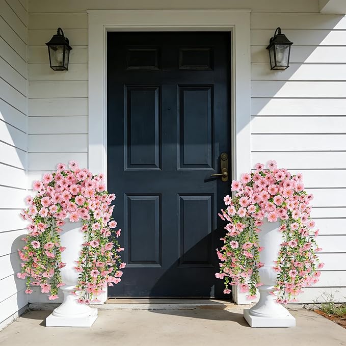 AmberFun Artificial Hanging Flowers for Outdoors, UV Resistant 2PCS Fake Silk Flowers for Outside, Realistic Faux Plants for Hanging Baskets, Planters - Porch, Patio, Yard Décor (Pink)