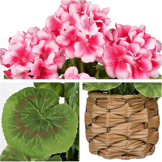 Briful Artificial Geraniums Flowers Potted Plant - 13.7'' Tall Faux Pink Silk Realistic Lush Geraniums Flowers in Basket, Indoor&Outdoor Decorative Plant, Farmhouse Home Porch Office Patio Table